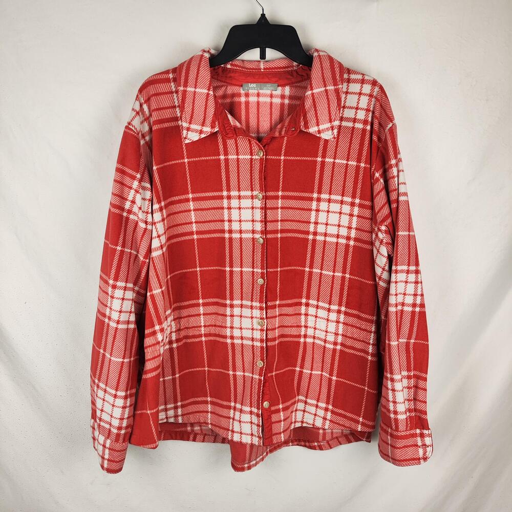 Lee Riders Shirt Womens 3X Red Plaid Fleece Button Up Long Sleeve Casual Top